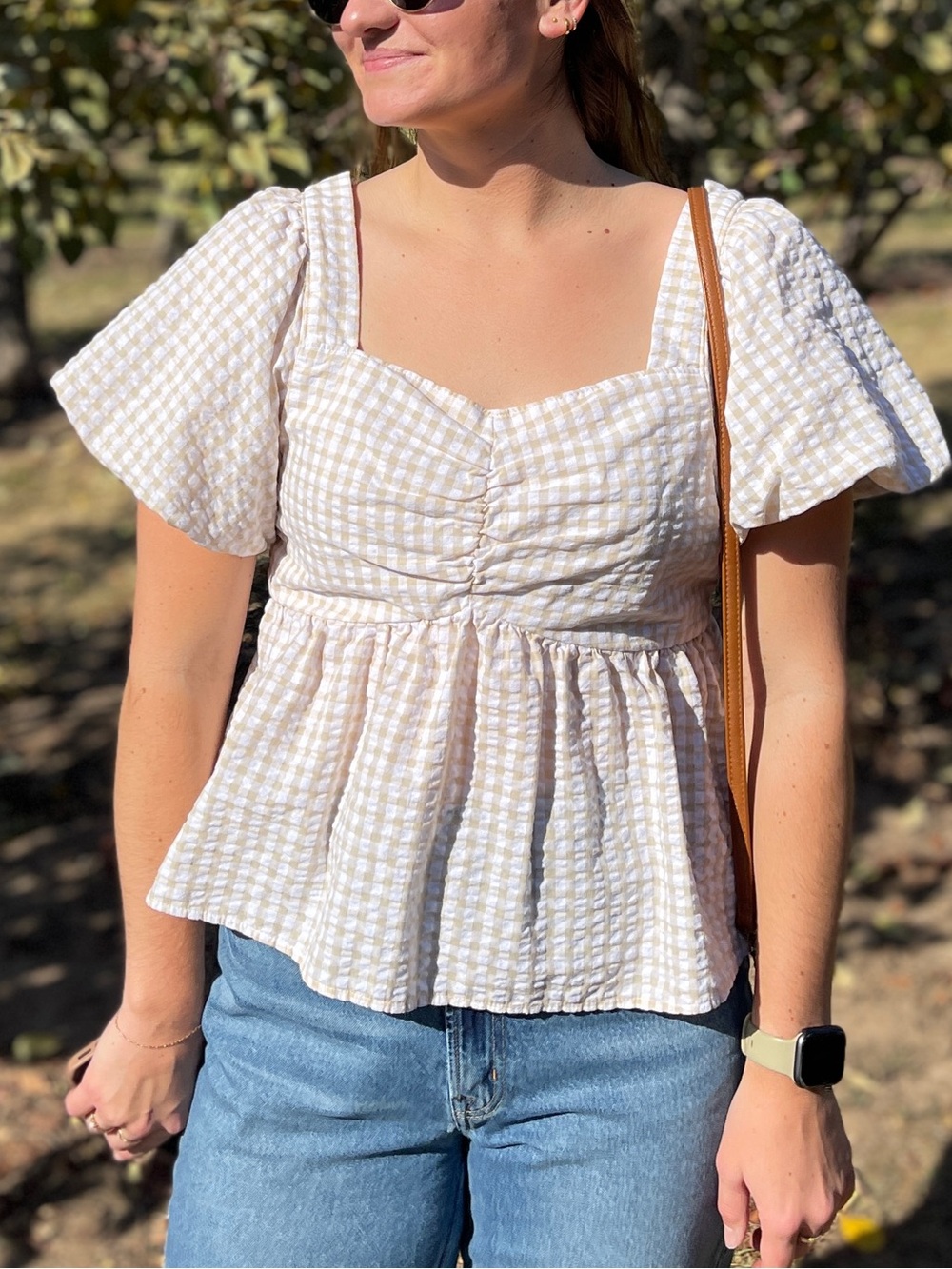 Old Navy Beige Gingham Puff-Sleeve Peplum Top